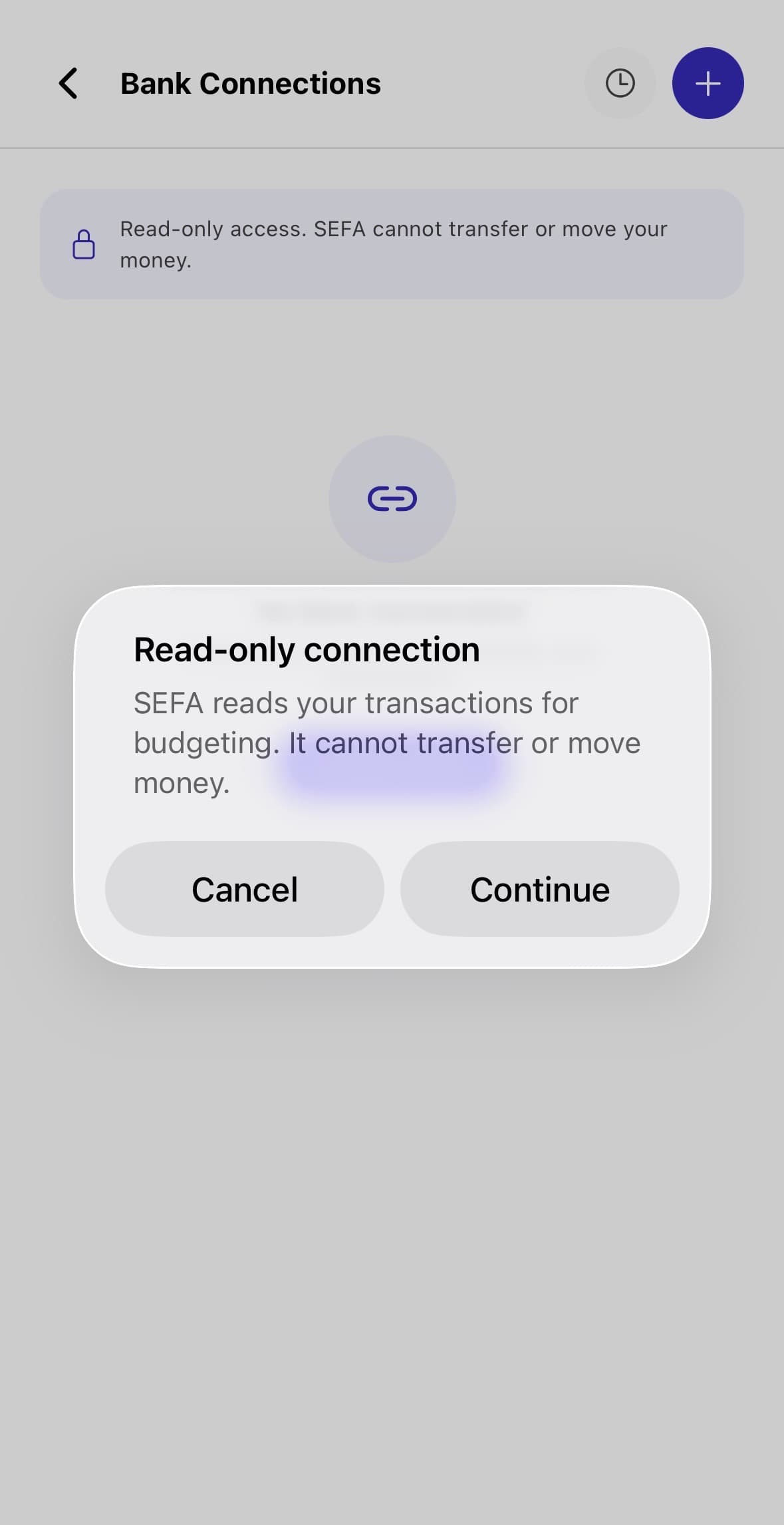 SEFA read-only bank connection confirmation